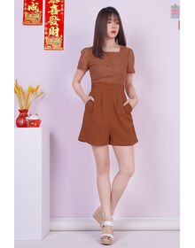 Lace Overlay Top Pleated Playsuit (Orange Brown)